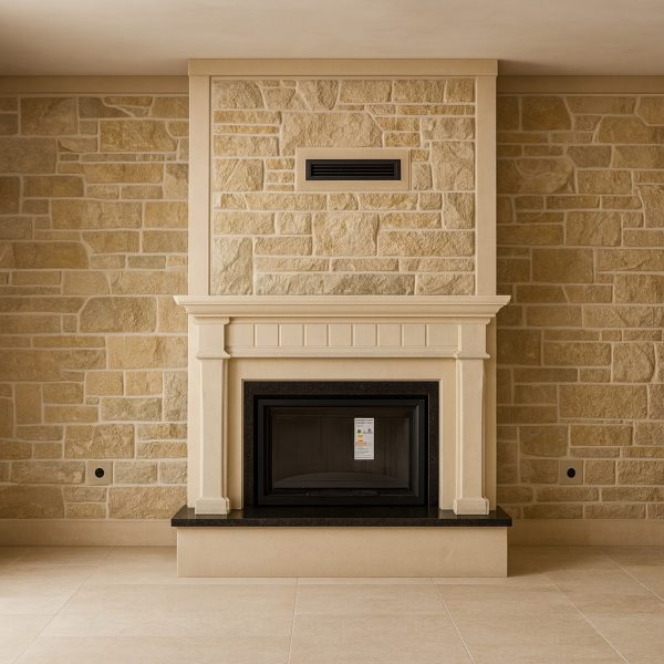 Dekoratif taş kaplama ile şömine arkası duvar tasarımı