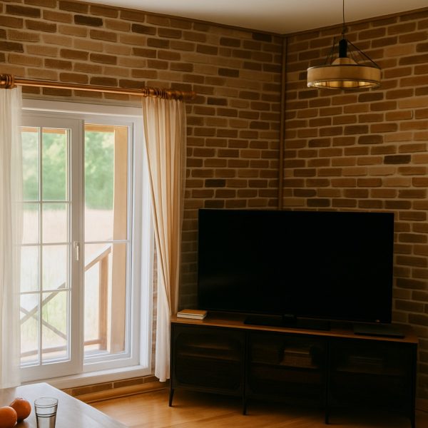 Taş ve Tuğla Dekorasyon Model-23-2 Salon duvarında dekoratif tuğla kaplama ve televizyon ünitesi