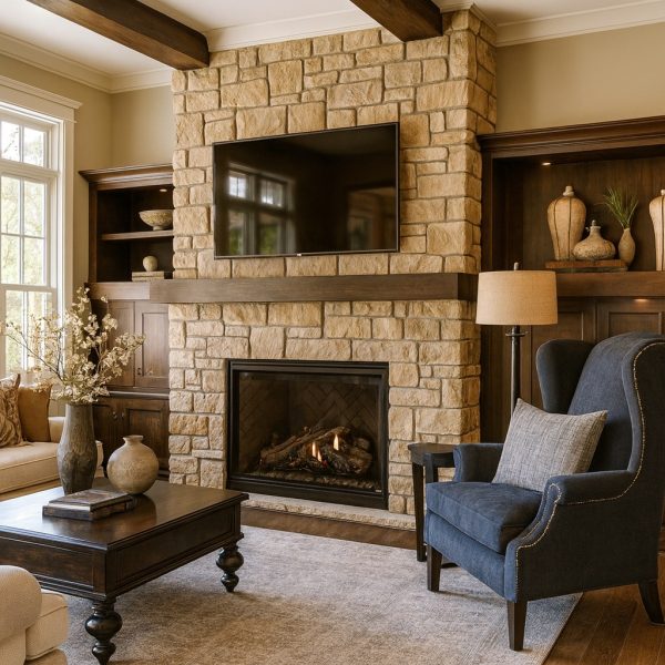 Dekoratif taş duvar kaplama örneği iç mekân şömine