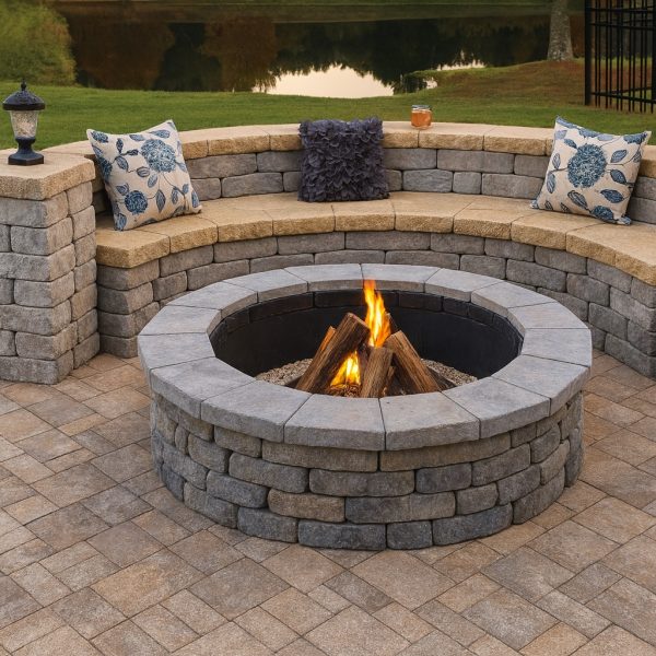 Barbekü taş kaplama ile yuvarlak ateş çukuru ve oturma alanı