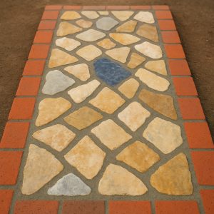 Taş ve Tuğla Dekorasyon Model-3-1 Kayrak taşı bahçe döşeme modeli – tuğla bordürlü dekoratif doğal taş zemin