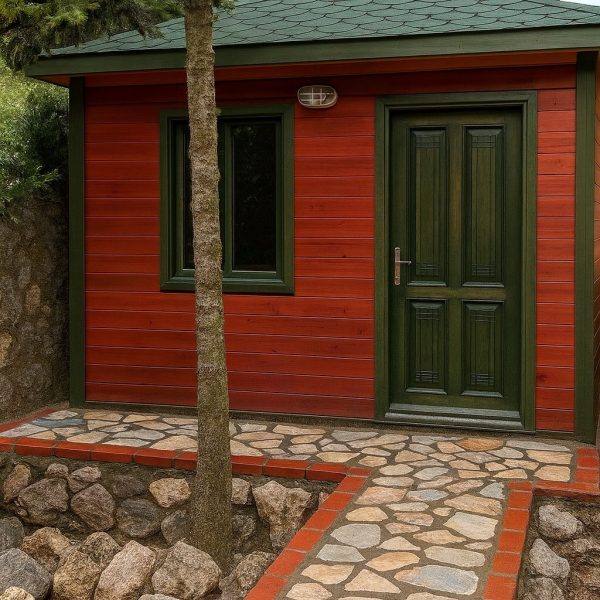 Bahçe girişi için kayrak taşı bahçe döşeme – tuğla bordürlü yürüyüş yolu