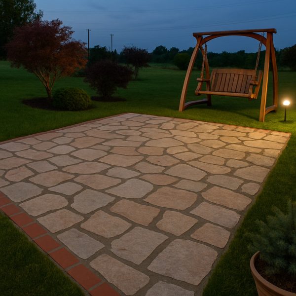 Bahçe oturma alanı için kayrak taşı döşeme – dekoratif tuğla bordürlü taş kaplama zemin