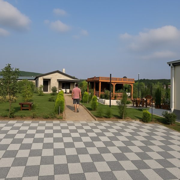 Gri ve beyaz kare desenli parke taş döşeme, bahçe yolu uygulaması