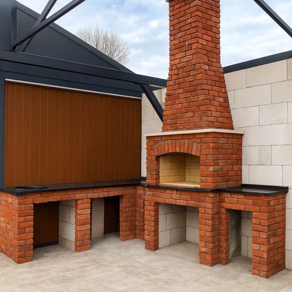 Kırmızı tuğla barbekü – Barbekü Model 12, kemerli ateşlik ve yan tezgâhlı tasarım