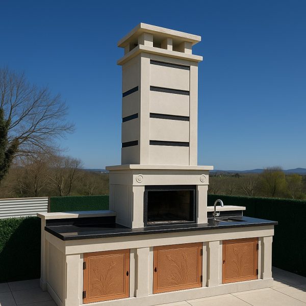 Geniş tezgah ve kapaklı depolama alanına sahip barbekü modeli