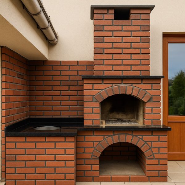 Barbekü Model 6-1 Kırmızı tuğla barbekü tasarımı – yan tezgâhlı ve bacalı model