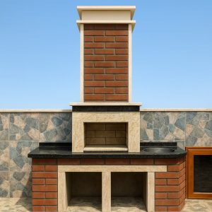 Teras barbekü modelleri – Barbekü Model 9 tuğla kaplama baca ve granit tezgâh