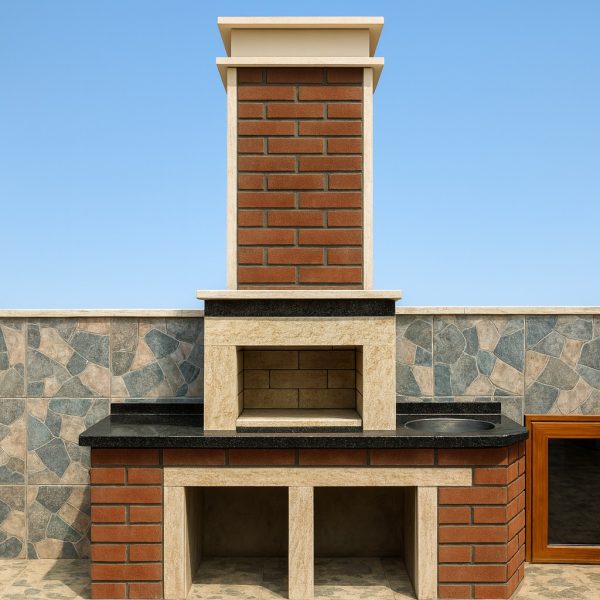 Teras barbekü modelleri – Barbekü Model 9 tuğla kaplama baca ve granit tezgâh