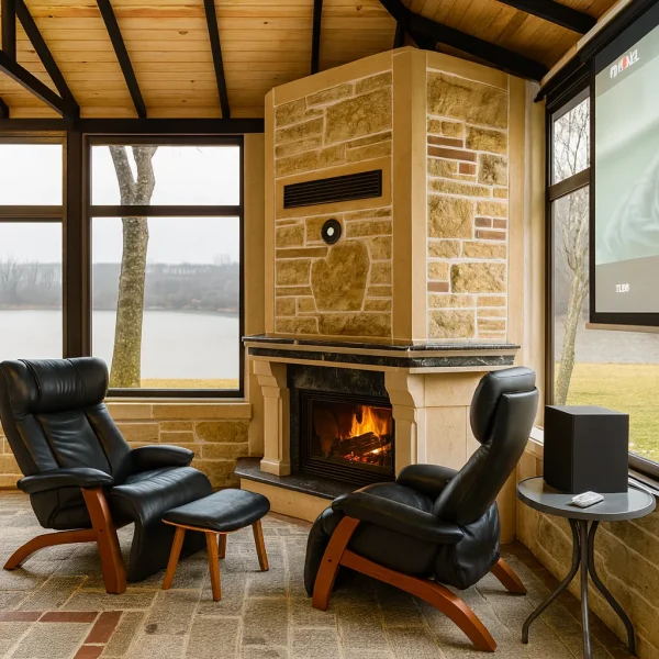 Doğal taş şömine oturma odası dekorasyonu