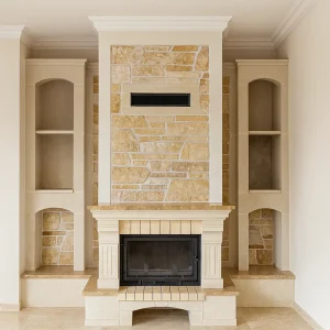 odunlu-somine-model-7-1 Doğal taş kaplama şömine ön cephe görünümü