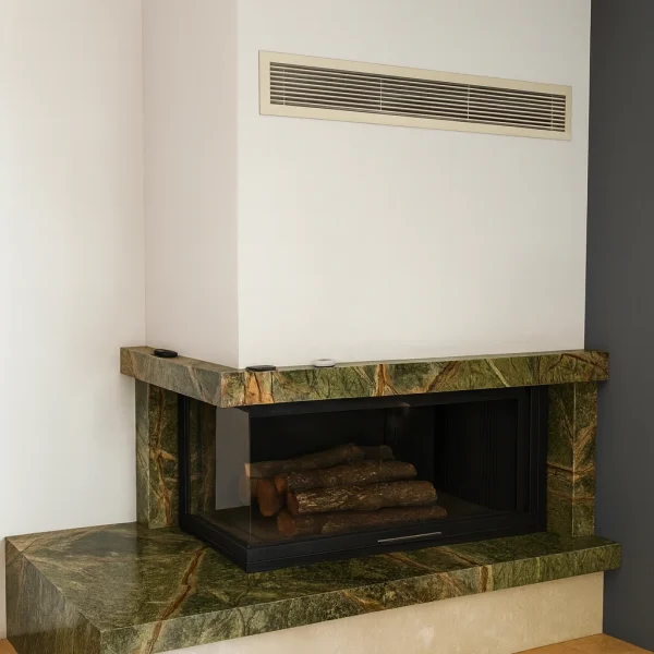 odunlu-somine-model-28-1 Yeşil mermer kaplama şömine modeli – köşe tasarımlı odunlu şömine, modern iç mekân dekorasyonu