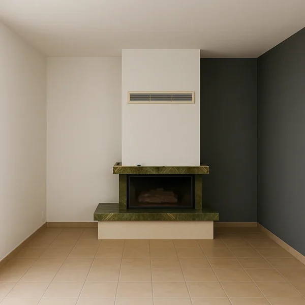 odunlu-somine-model-28-2 Doğal yeşil mermer detaylara sahip odunlu şömine, minimalist oturma odasında konumlandırılmış