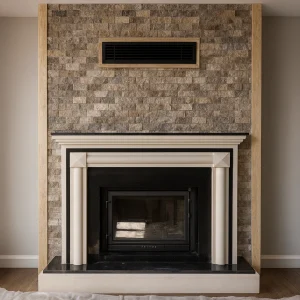 Klasik siyah beyaz odunlu şömine, bej tonlu taş duvar önünde konumlandırılmış, sade ve zarif tasarımıyla salon dekorasyonuna sıcaklık katıyor.