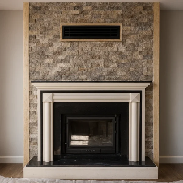 odunlu-somine-model-34-1 Klasik siyah beyaz odunlu şömine, bej tonlu taş duvar önünde konumlandırılmış, sade ve zarif tasarımıyla salon dekorasyonuna sıcaklık katıyor.