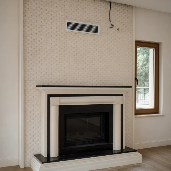 odunlu-somine-model-34-3 Krem tuğla desenli duvar önünde yer alan siyah beyaz klasik şömine, sade çizgileriyle modern ve klasik tarzı buluşturuyor.