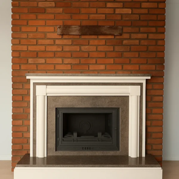 odunlu-somine-model-34-4 Kırmızı tuğla duvarla bütünleşen klasik siyah beyaz odunlu şömine, rustik ortamlar için zarif bir kontrast oluşturuyor.