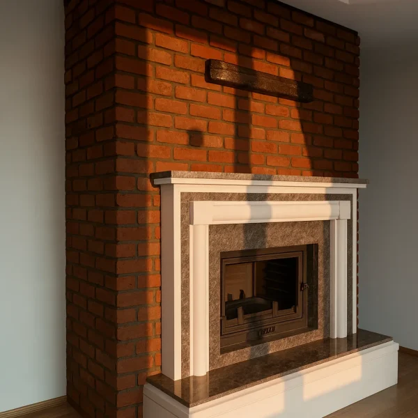 odunlu-somine-model-34-5 Güneş ışığının vurduğu kırmızı tuğla duvar önünde yer alan klasik siyah beyaz şömine, sıcak tonlarıyla huzurlu bir atmosfer yaratıyor.