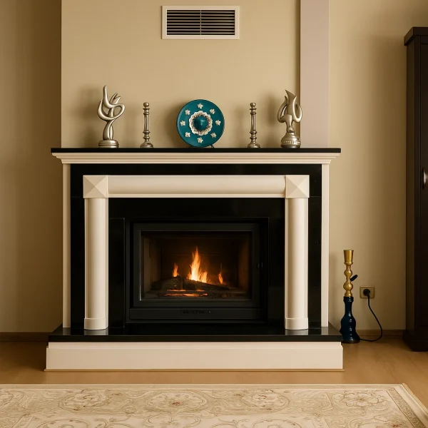 odunlu-somine-model-34-6 Krem duvarlı oturma odasında yer alan siyah beyaz klasik odunlu şömine, üzerindeki dekoratif objelerle birlikte geleneksel bir şıklık sergiliyor.