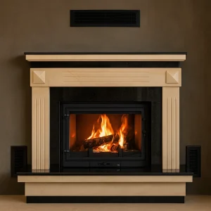 odunlu-somine-model-35-1 Klasik hatlı odunlu şömine, sade duvar önünde yanan odun ateşiyle sıcak bir atmosfer oluşturuyor.