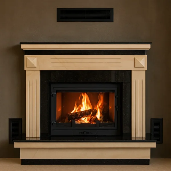 odunlu-somine-model-35-1 Klasik hatlı odunlu şömine, sade duvar önünde yanan odun ateşiyle sıcak bir atmosfer oluşturuyor.