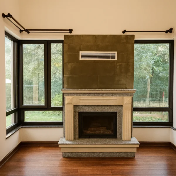 odunlu-somine-model-35-3 Büyük pencereler arasında konumlandırılmış klasik hatlı odunlu şömine, modern ve ferah bir iç mekânda