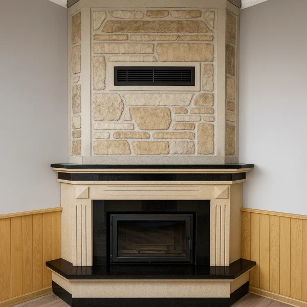 odunlu-somine-model-35-5 Köşe yerleşimli klasik hatlı odunlu şömine, bej ve siyah tonlarıyla modern bir duvar tasarımıyla birleşiyor.