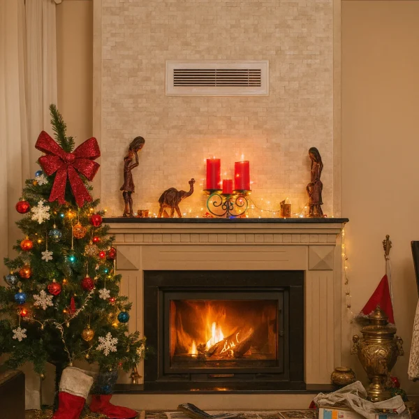 odunlu-somine-model-35-6 Yılbaşı dekorlarıyla süslenmiş klasik hatlı odunlu şömine, sıcak ve davetkâr bir ambiyans yaratıyor.