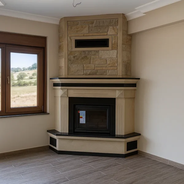 odunlu-somine-model-35-8 Geniş pencereli odada köşeye yerleştirilmiş klasik hatlı odunlu şömine, doğal ışıkla bütünleşiyor.