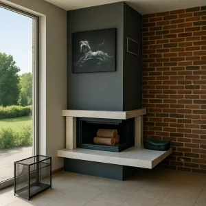 odunlu-somine-model-37-1 Mermer detaylı modern şömine modeli, tuğla duvar önünde konumlandırılmış köşe tasarım.