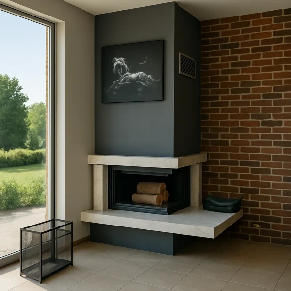 odunlu-somine-model-37-1 Mermer detaylı modern şömine modeli, tuğla duvar önünde konumlandırılmış köşe tasarım.