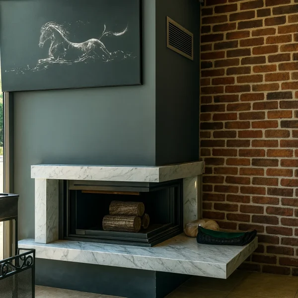 odunlu-somine-model-37-2 Modern köşe şömine, gri tonlar ve beyaz mermer detaylarıyla zarif bir görünüm sunuyor.