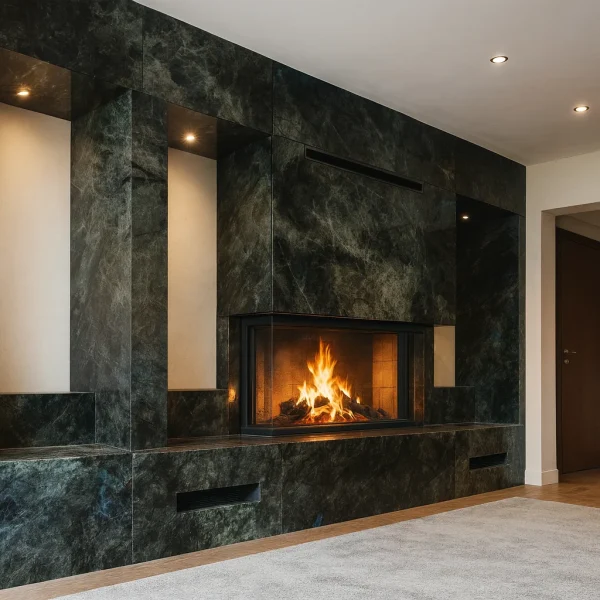 odunlu-somine-model-38-1 Duvar boyu mermer şömine, yeşil damar desenli modern duvar tasarımı.