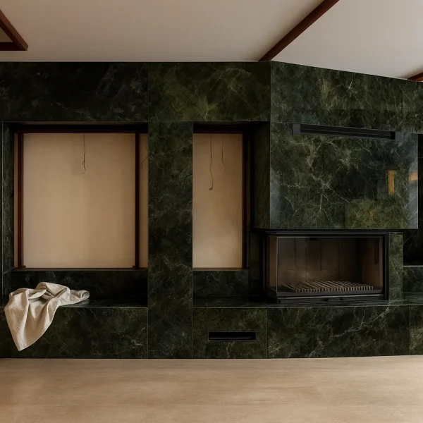 odunlu-somine-model-38-3 Yekpare yeşil mermer yüzeyle kaplanmış odunlu şömine, tamamlanmamış montaj aşaması görünümü.