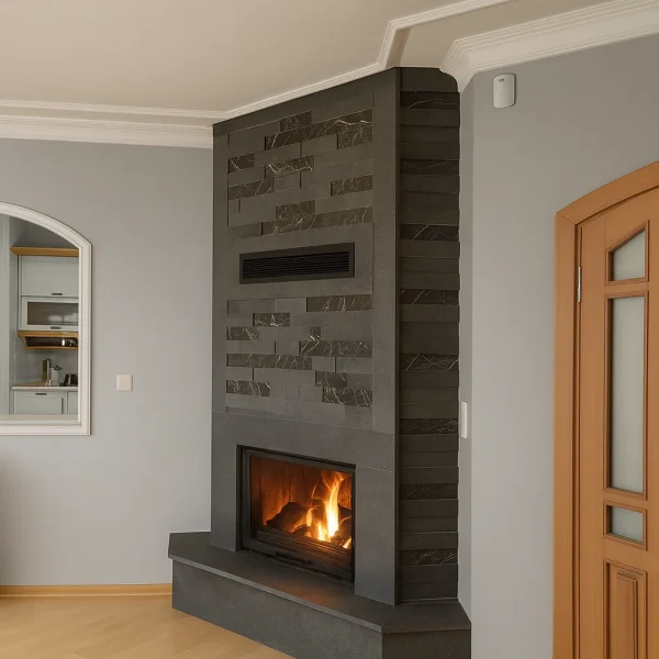 odunlu-somine-model-39-2 Gri duvarlı salonda yer alan modern antrasit köşe şömine, sade ve zarif görünümüyle dikkat çekiyor.