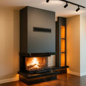 odunlu-somine-model-40-1 Dekoratif raflı odunlu şömine, antrasit gövde ve siyah mermer taban detaylarıyla modern iç mekân tasarımı.