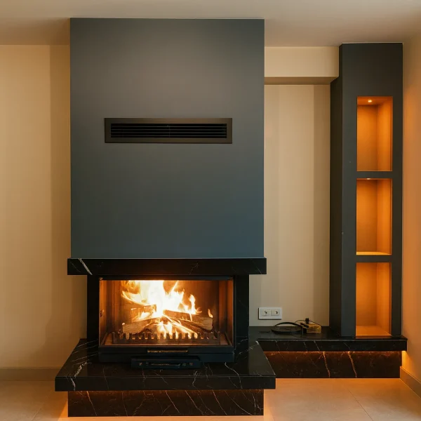 odunlu-somine-model-40-2 Aydınlatmalı raflara sahip dekoratif odunlu şömine, sıcak ışık ve doğal alevle estetik bir ortam sunar.