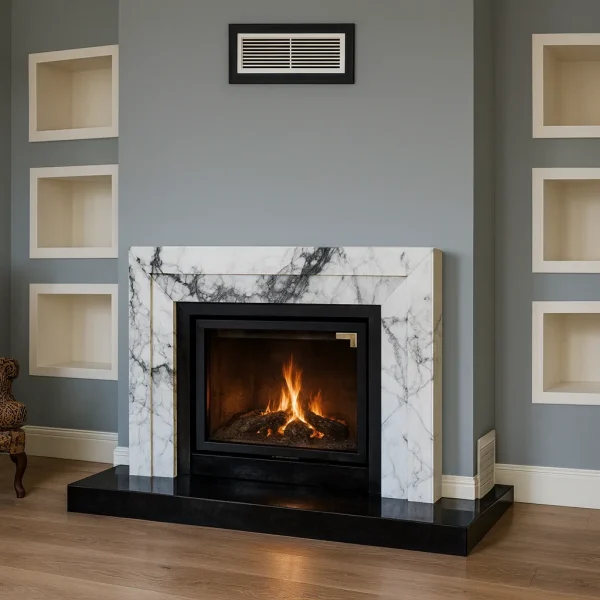 odunlu-somine-model-41-2 Mermer çerçeveli modern odunlu şömine – gri duvar ve niş detaylarıyla