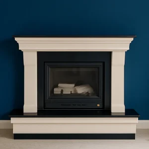 odunlu-somine-model-42-1 Koyu mavi duvar önünde konumlanmış sade tasarımlı odunlu şömine modeli. Krem çerçevesi ve siyah iç haznesiyle modern sadeliği vurgulayan bu şömine, düz hatlarıyla dengeli ve estetik bir görünüm sunar.