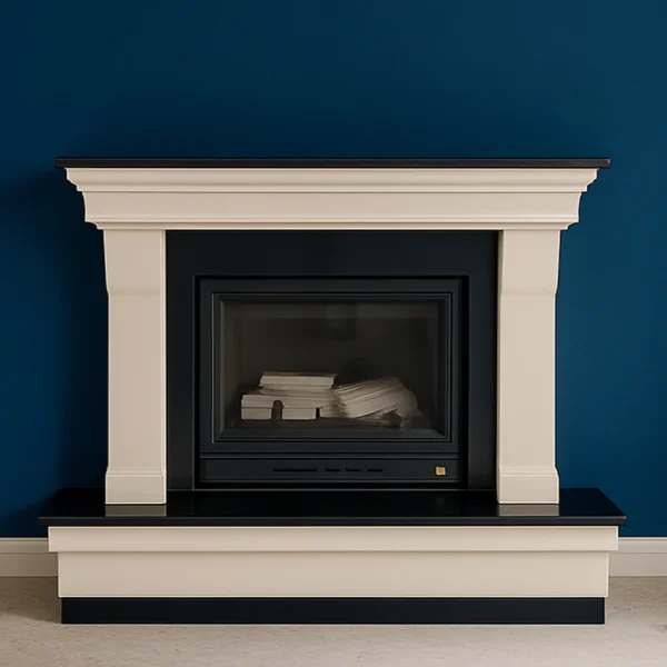 odunlu-somine-model-42-1 Koyu mavi duvar önünde konumlanmış sade tasarımlı odunlu şömine modeli. Krem çerçevesi ve siyah iç haznesiyle modern sadeliği vurgulayan bu şömine, düz hatlarıyla dengeli ve estetik bir görünüm sunar.