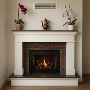 Country tarzı odunlu şömine, krem çerçeveli ve tuğla detaylı klasik tasarım