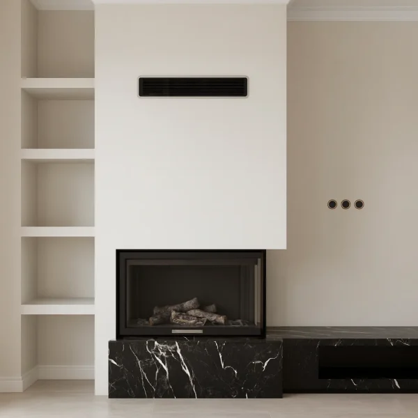 odunlu-somine-model-46-1 Beyaz damarlı siyah mermer detaylı şömine – köşe tasarımlı modern odunlu şömine modeli