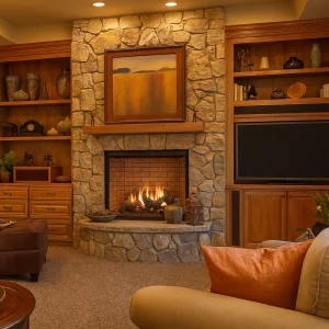 odunlu-somine-model-47-1 Rustik taş kaplama şömine, doğal taş duvar ve ahşap detaylı iç mekân tasarımı