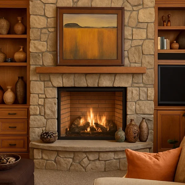 odunlu-somine-model-47-2 Rustik tarzda odunlu taş şömine, sıcak ışıklı salon dekorasyonu