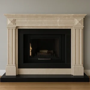 odunlu-somine-model-48-1 Klasik mermer şömine modeli sade duvar önünde, bej ve siyah detaylı tasarım