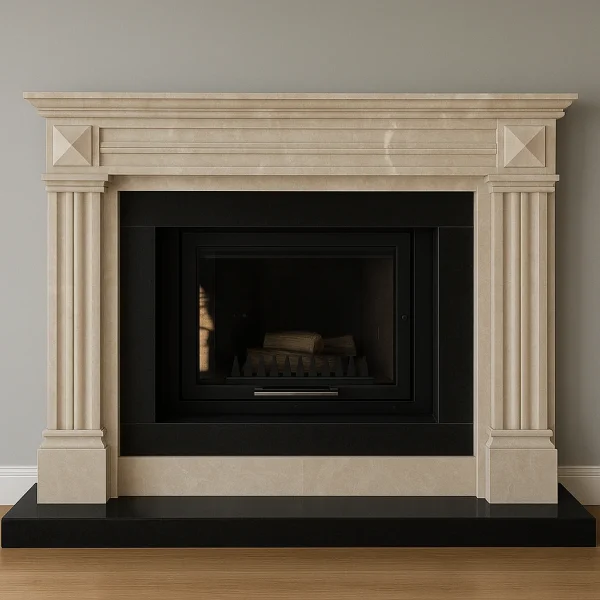 odunlu-somine-model-48-1 Klasik mermer şömine modeli sade duvar önünde, bej ve siyah detaylı tasarım