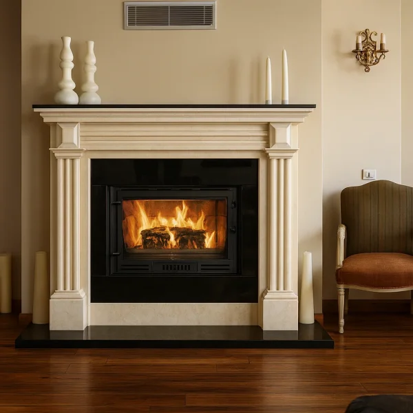 odunlu-somine-model-48-2 Klasik mermer şömine modeli ateşli görünüm, oturma odası dekorasyonu içinde