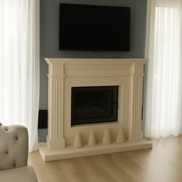 odunlu-somine-model-48-3 odunlu şömine modern salonda, açık renk perde ve TV altında