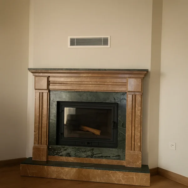 odunlu-somine-model-48-4 yeşil ve kahverengi tonlu mermer detaylarla köşe yerleşimli şömine