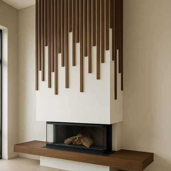 Modern şömine tasarımı, ahşap panelli detayları ve sade hatlarıyla dikkat çeken Model 50 odunlu şömine